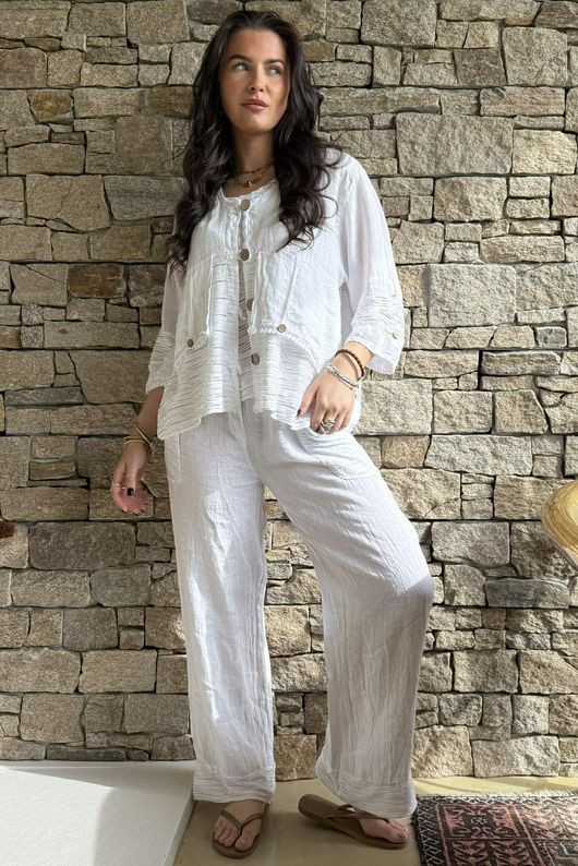 Benji Linen Panel Wave Vest White - 